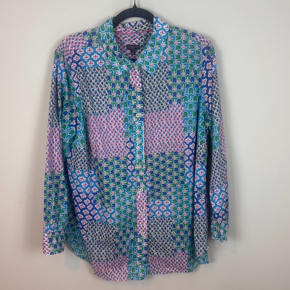 Talbots Women's Colorful Floral Patchwork Lightweight Button up Blouse 1X Cotton
